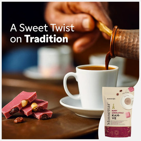 Ruby Chocolate Instant Turkish Coffee Blend With Fruity Creaminess For Bold Mornings, coffee in cezve and cup, 165g pack.