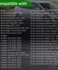 Compatibility list for GM cars showing Buick, Cadillac, Chevrolet models from 2011 to 2023, displayed on a car background.
