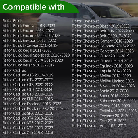 Compatibility list for GM cars showing Buick, Cadillac, Chevrolet models from 2011 to 2023, displayed on a car background.