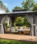 10x12 Hardtop Aluminum Framed Outdoor Gazebo With Double Polycarbonate Roof For Patio And Garden Hangout Ready Durable Pavilion With Curtains And Netting