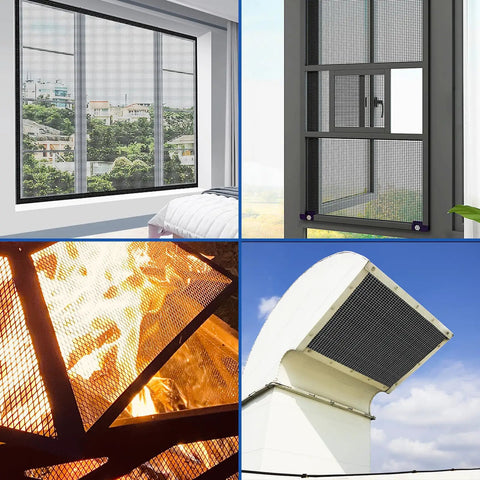 Collage showing Heavy Duty 20 Mesh 304 Stainless Steel Wire Screen Roll For Air Vents Window Screens Garden Covers And Filters Rust Free