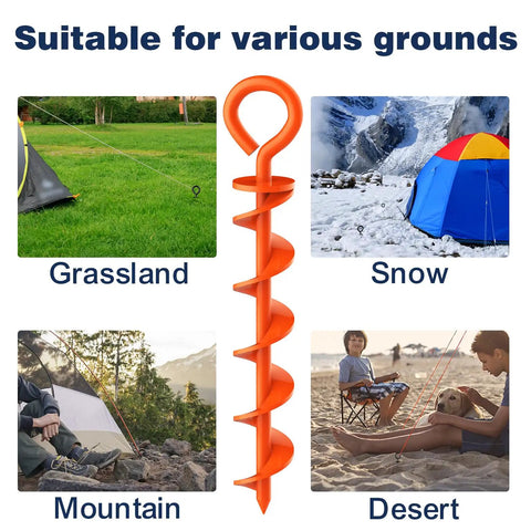 Beefy Heavy Duty Canopy Tent Stakes And Dog Tie Out Stakes Corkscrew Ground Anchors in use on snow, grassland, mountain, desert