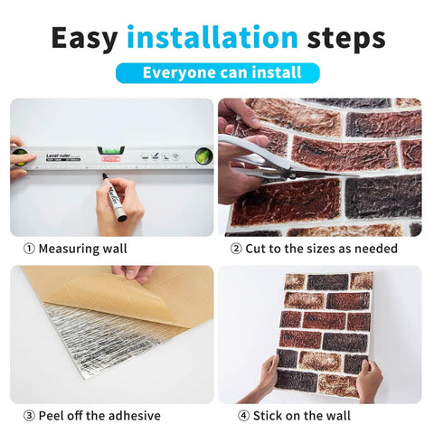 Steps to install White 3D Faux Brick Wallpaper Peel And Stick Panels for Easy DIY Home Makeover shown in four stages.