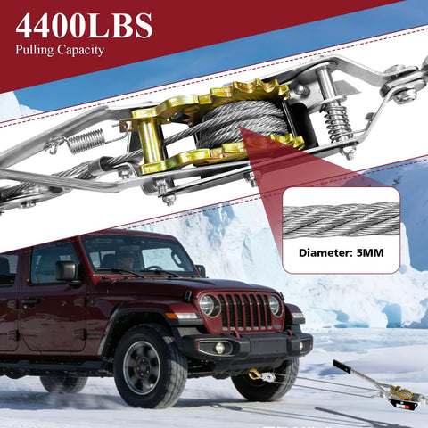 2 Ton 4480 Lbs Come Along Winch With 7 Foot Steel Cable Dual Gear Ratchet Power Puller details with Jeep illustration in snowy landscape