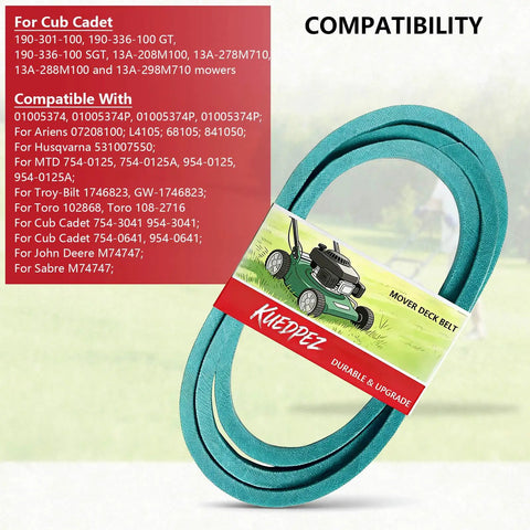Heavy Duty One Half Inch By One Hundred Five Inch Deck Belt With Aramid Rope Reinforced Cover For Lawn Mowers, shown packaged