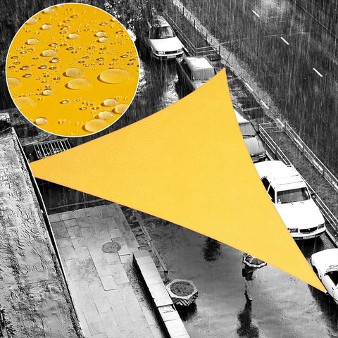 Orange Triangle 16 Ft By 16 Ft By 16 Ft Waterproof Sun Shade Sail installed over a patio in the rain, droplet detail inset.