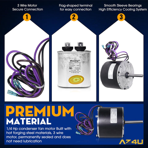 1/4 HP condenser fan motor with wires and capacitor, premium construction, smooth sleeve bearings for Amana, Janitrol HVAC units.