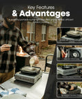 Alt Tag: Man using portable butane camp stove with flat top griddle included, featuring piezo ignition and powerful burners.