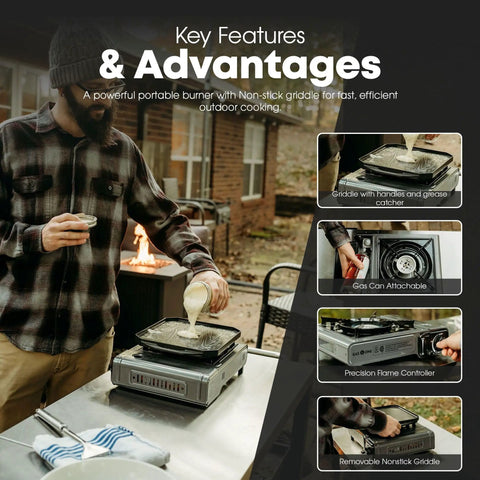 Alt Tag: Man using portable butane camp stove with flat top griddle included, featuring piezo ignition and powerful burners.