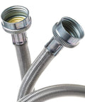 Close-up view of Heavy Duty Stainless Steel Washing Machine Hoses, 4-Foot, 2-Pack with Lead-Free Construction, metal connectors.