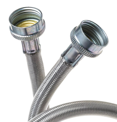 Close-up view of Heavy Duty Stainless Steel Washing Machine Hoses, 4-Foot, 2-Pack with Lead-Free Construction, metal connectors.