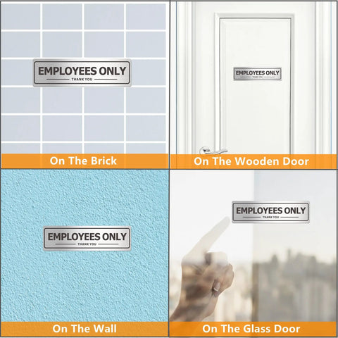 Two Pack Employees Only Door Sign For Office And Business Durable Aluminum Metal Sign With Strong Self Adhesive Weatherproof Indoor Outdoor Brushed Nickel Black Finish Nine By Three Inches displayed on various surfaces.