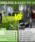 Comparison of benefits between the 20V Cordless Weed Wacker With 12 Inch Cutting Path Ultra Lightweight 3.5 Pound Trimmer And Edger Beast Power 9500 RPM 180 Degree Pivot Head 3 In 1 String Trimmer And Lawn Edger Includes Two 2.0Ah Batteries And Auto Feed and a traditional lawn mower, highlighting ease of use and portability.