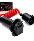 Wireless Bluetooth Trailer Brake Controller With 7 Pin Connector Plug, featuring coiled red wire, for smartphone braking sensitivity.