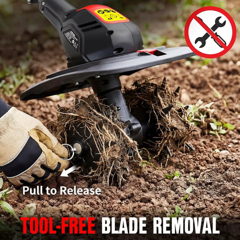 Close-up of tool-free blade removal feature on Powerful 20V Cordless Tiller Cultivator with No Cord Hassle, showing soil and roots.
