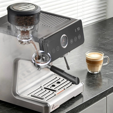 One Touch Auto Grind Espresso Machine With Smart Dosing And Brushed Stainless Steel Finish, grinding coffee with a cup of latte.
