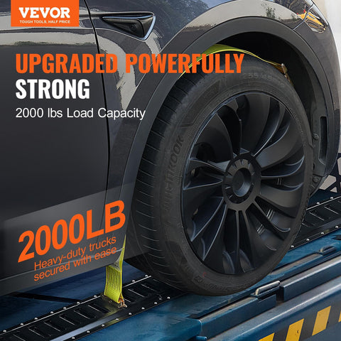 Car wheel secured on E Track Rail, showcasing 5 Foot E Track Tie Down Rail Kit With 18 Pieces, Heavy Duty 2000 Lb Load Capacity