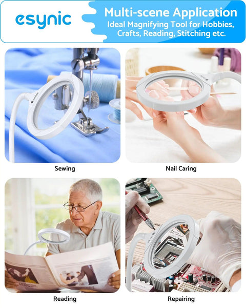 Go To Lighted Desk Magnifier With Clamp And Heavy Base, USB C Rechargeable, shown in use for sewing, nail care, reading, and repairing