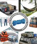 Rope Tightener And Guyline Tensioner 6 Pack For Camping showing uses with trucks, hammocks, luggage, and gear securing.