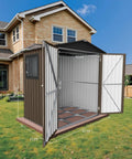 6 By 4 Outdoor Storage Shed In Brown Sturdy Metal Building With Floor Frame And Operable Window in garden setting.