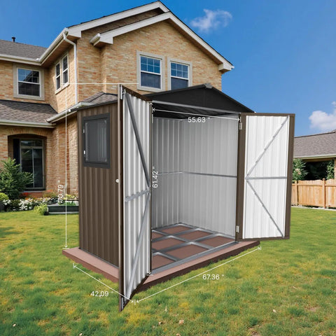 6 By 4 Outdoor Storage Shed In Brown Sturdy Metal Building With Floor Frame And Operable Window in garden setting.