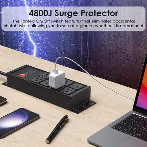 Heavy Duty Surge Protector Power Strip With Eight Outlets 20 Amp 12 Gauge Metal Industrial Bar 6 Ft Extension Cord 6 20R T Slot