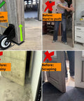 4-Pack 2-Inch Gate Wheels With Vertical Mount Anti-Sag Support For Dropping Wooden Doors And Furniture, shown before and after use.