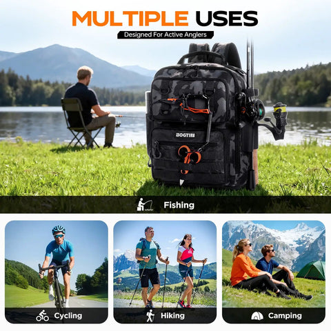 Camo Fishing Backpack With Tackle Box Kit And Rod Holders displayed by a lake, showing multiple use options like fishing, cycling, hiking, and camping.