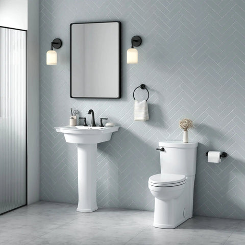 Slick Skirted Two Piece Chair Height Elongated Toilet With Seat 1.28 Gpf Low Flow WaterSense Certified 12 Inch Rough In in modern bathroom.