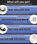 Compilation of parts for upgraded 3387747 dryer heating element replacement, including thermostat, fuses, and thermistor.