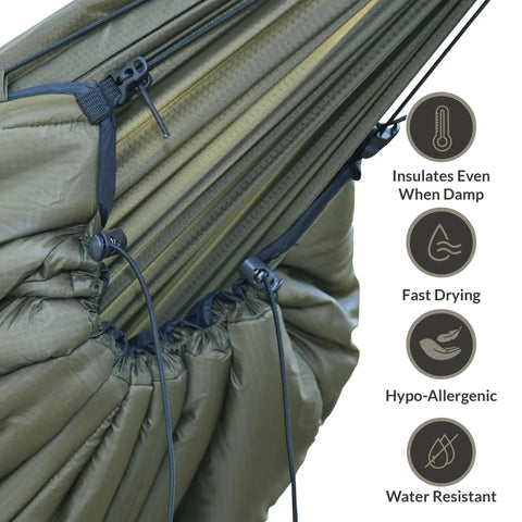 Ultra Lightweight Camping Hammock Underquilt For 3 Season Insulation In OD Green 1 Oz 20D Nylon Shell Synthetic Silk Fill