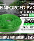 Image of green 3-Inch By 100-Foot Heavy-Duty Reinforced PVC Lay-Flat Discharge And Backwash Hose, labeled for general purpose use.