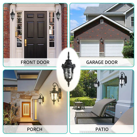 Outdoor Wall Light Fixtures Black Finish With Hammered Glass Shade 16.93 Inch Height Exterior Lantern Waterproof Sconce at different entrances.