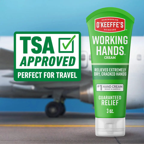 Working Hands Hand Cream For Extreme Dryness, 3 Oz Tube, 2 Pack, next to TSA approved sign, perfect for travel background.