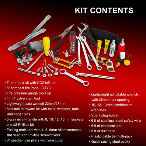 Compact Trail Saver Motorcycle Tool Kit With Axle Wrench 22mm And 27mm Puncture Repair Kit Quality CRV Hand Tools shown unpacked