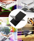 Collage showing Multi Function Desktop Book Stand for Reading Bible Cookbooks Mags and Tablets, black, in various settings.