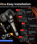 MX Sensor TPMS One Sensor With 315 And 433 MHz Metal Valve Press In Programmable Tire Pressure Sensor For Easy Auto Tire Maintenance And Seamless Wheel Fitment. 15-30° adjustable metal valve stem shown