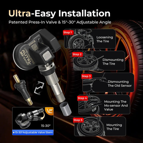 MX Sensor TPMS One Sensor With 315 And 433 MHz Metal Valve Press In Programmable Tire Pressure Sensor For Easy Auto Tire Maintenance And Seamless Wheel Fitment. 15-30° adjustable metal valve stem shown