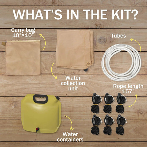 Portable Rainwater Collection System For Camping With 5 By 5 Foot Hanging Tarp And 2.2 Gallon Collapsible Water Bag Kit Contents