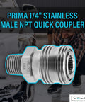 Heavy Duty 303 Stainless Steel Male NPT Quick Coupler 1/4 inch shown with user connecting tools for pressure washers.