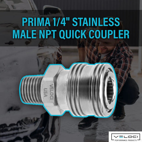Heavy Duty 303 Stainless Steel Male NPT Quick Coupler 1/4 inch shown with user connecting tools for pressure washers.