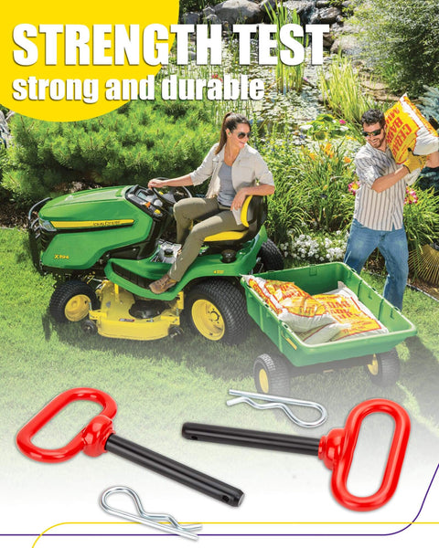 Half Inch Trailer Hitch Pin And Clip With Rubber Coated Red Handle Built Tough For Towing And Quick Release displayed with lawn mower towing trailer