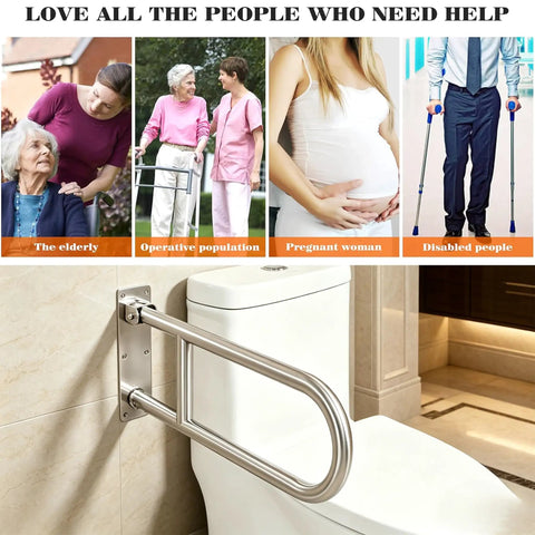 Foldable 24 Inch Stainless Steel Grab Bar For Toilet And Shower Wall Mounted Safety Bar 1.25 Inch Diameter Polished Finish