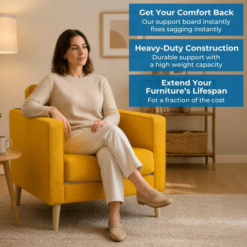 Woman sitting on a yellow armchair illustrating the use of Heavy Duty Chair Cushion Support For Sagging Cushions 17x22 Inch Reinforced Plywood Seat Saver Under Foam Firming Board For Recliners Armchairs And Dining Chairs To Restore Firm Level Seating.