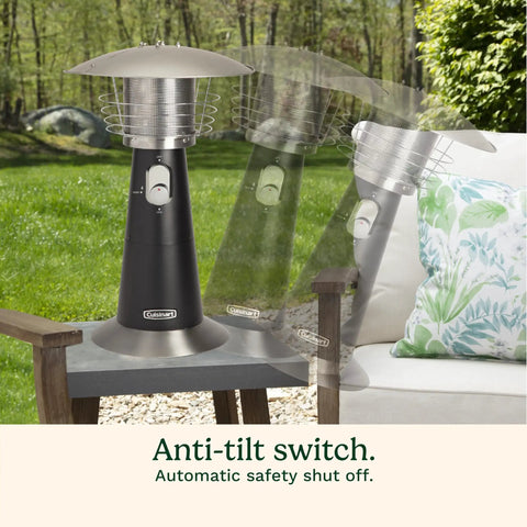 Portable Tabletop Propane Patio Heater With 11,000 BTU Power Adjustable Heat Safety Tilt Switch Burner Screen Guard Heats Up To 30 Sq Ft Black Outdoor Heater For Chill Nights on a patio table