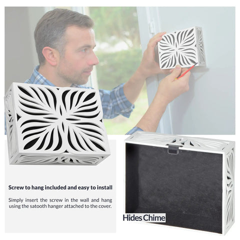 Man installing Wooden Doorbell Chime Cover With Tropical Design Durable Wood Finish Easy Install With Sawtooth Hanger