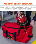 Arsenal 5005W Large Nylon Rolling Firefighter Rescue Turnout Gear Bag with helmet pocket being loaded with equipment.