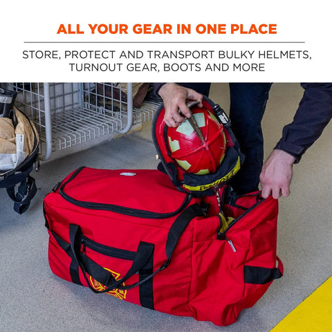 Arsenal 5005W Large Nylon Rolling Firefighter Rescue Turnout Gear Bag with helmet pocket being loaded with equipment.
