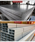 Stacked stainless steel sheets and aluminum profiles in an industrial warehouse, highlighting material options for fabrication projects.