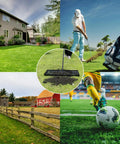 Collage showing Lawn Leveling Rake With 30x10 Ground Plate And 78 Inch Adjustable Handle Heavy Duty Steel Yard Tool used on lawns, golf fields, and sports fields.